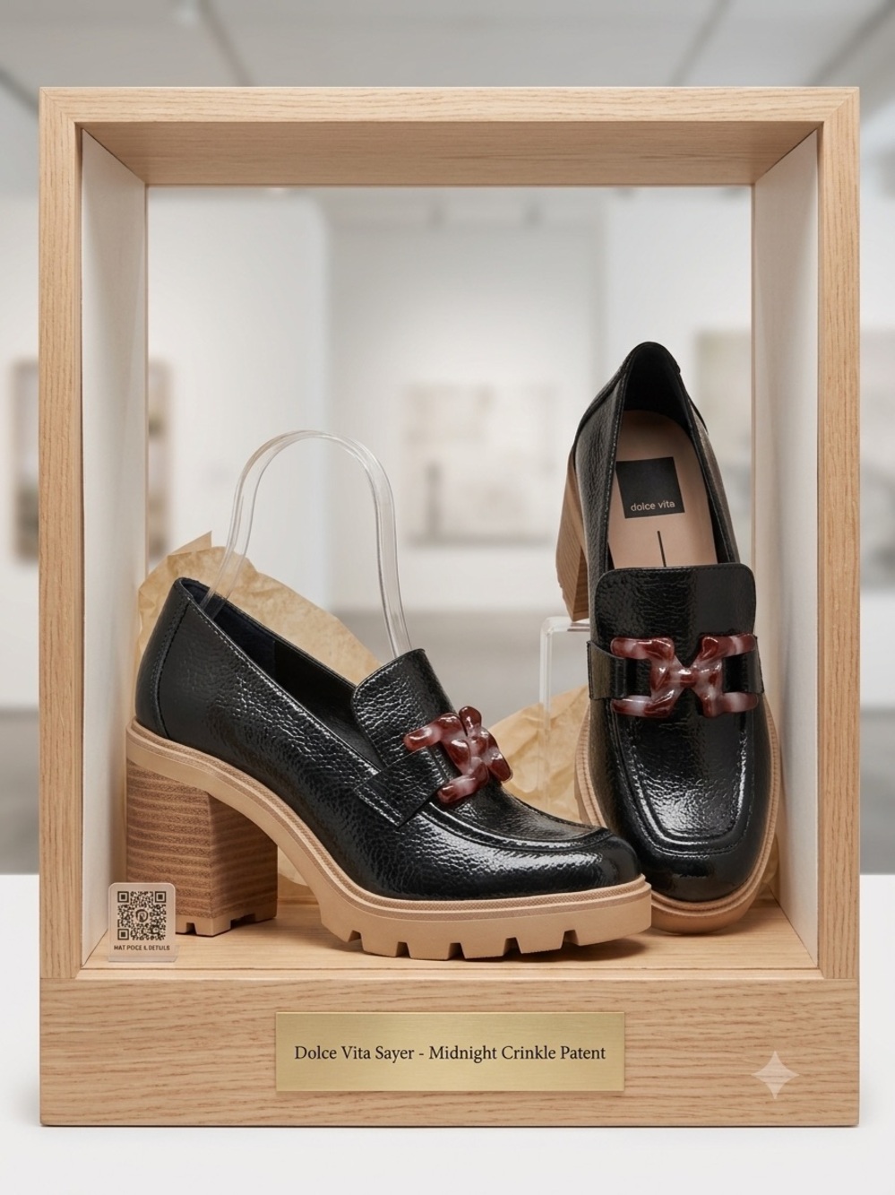 Harold's Black Crinkle Patent Block Heel Loafers with Brown Chain Accent
